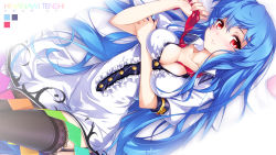 Rule 34 | 1girl, alternate breast size, between breasts, black thighhighs, blue hair, breasts, character name, cleavage, cropped, female focus, garter straps, highres, hinanawi tenshi, hong (white spider), large breasts, long hair, lying, no headwear, no headwear, on back, parted lips, red eyes, solo, thighhighs, touhou, wallpaper