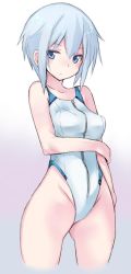 Rule 34 | 1girl, blue eyes, blue hair, breasts, character request, commentary request, competition swimsuit, copyright request, cowboy shot, cropped legs, front zipper swimsuit, gradient background, highleg, highleg swimsuit, karukan (monjya), meme attire, one-piece swimsuit, short hair, small breasts, solo, standing, swimsuit, white background, white one-piece swimsuit