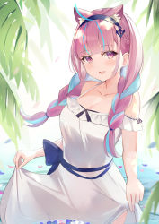 Rule 34 | 1girl, :d, ahoge, alternate costume, anchor hair ornament, animal ears, bare shoulders, blue hair, blue hairband, blunt bangs, blurry, blush, braid, breasts, cat ears, cat girl, cleavage, collarbone, commentary request, day, depth of field, dress, flower, french braid, hair ornament, hairband, highres, hololive, leaf, long dress, long hair, looking at viewer, medium breasts, minato aqua, multicolored hair, open mouth, petals, petals on liquid, pink eyes, pink hair, purple flower, sidelocks, sisoha, skirt hold, sleeveless, sleeveless dress, smile, solo, standing, streaked hair, sunlight, twin braids, two-tone hair, virtual youtuber, wading, white dress, white flower