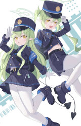Rule 34 | 2girls, belt, black belt, black footwear, black hat, black jacket, black shorts, black skirt, black tail, blue archive, blush, boots, buttons, demon tail, double-breasted, earrings, fang, gloves, green hair, green halo, halo, hat, hikari (blue archive), nozomi (blue archive), highres, jacket, jewelry, long hair, long sleeves, looking at viewer, multiple girls, open mouth, pantyhose, peaked cap, pleated skirt, pointy ears, serika, shorts, sidelocks, single earring, skin fang, skirt, smile, tail, twintails, white gloves, white pantyhose, yellow eyes