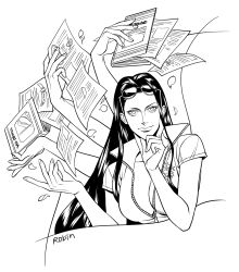 Rule 34 | 1girl, book, breasts, character name, chinese commentary, cleavage, commentary request, extra arms, eyewear on head, greyscale, hana hana no mi, hand on own chin, highres, holding, holding book, holding paper, jacket, long hair, looking at viewer, monochrome, mush820823, nico robin, one piece, paper, petals, short sleeves, sidelocks, upper body, zipper