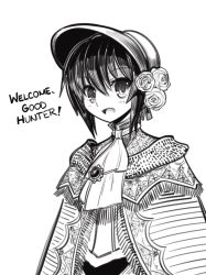 Rule 34 | 1girl, :d, bloodborne, boa (brianoa), bonnet, cape, catchphrase, english text, flower, gem, greyscale, hair flower, hair ornament, looking at viewer, monochrome, open mouth, plain doll, short hair, simple background, smile, solo, white background