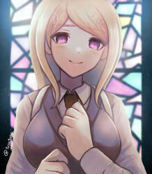 Rule 34 | 1girl, ahoge, akamatsu kaede, artist name, blonde hair, blush, breasts, brown necktie, closed mouth, commentary request, danganronpa (series), danganronpa v3: killing harmony, fortissimo, hair ornament, hands up, highres, long hair, long sleeves, looking at viewer, medium breasts, musical note, musical note hair ornament, necktie, shirt, smile, solo, tearing up, toyatopa, window