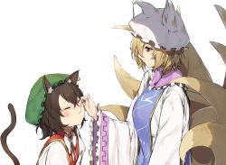 Rule 34 | 2girls, :/, animal ear fluff, animal ears, blonde hair, blush, breasts, cat ears, cat tail, chen, closed eyes, closed mouth, earrings, fox tail, frilled sleeves, frills, gold trim, green headwear, hat, highres, japanese clothes, jewelry, kitsune, large breasts, long sleeves, looking at another, mob cap, multiple girls, multiple tails, pocche-ex, short hair, simple background, single earring, slit pupils, smile, standing, tabard, tail, tassel, touhou, white background, white sleeves, wide sleeves, yakumo ran, yellow eyes