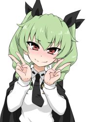 Rule 34 | 10s, 1girl, anchovy (girls und panzer), anzio school uniform, black cape, black necktie, black ribbon, blush, cape, closed mouth, commentary, double v, dress shirt, drill hair, emblem, girls und panzer, green hair, hair ribbon, head tilt, highres, long hair, long sleeves, looking at viewer, nagomiya (shousha), necktie, red eyes, ribbon, school uniform, shirt, simple background, smile, solo, standing, twin drills, twintails, upper body, v, white background, white shirt