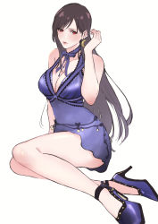 Rule 34 | 1girl, asymmetrical bangs, bare legs, blue dress, breasts, brown hair, choker, cleavage, dress, earrings, final fantasy, final fantasy vii, final fantasy vii remake, full body, hair between eyes, hand up, high heels, highres, jewelry, large breasts, lingerie, long hair, negligee, piyomtdew, red eyes, short dress, sitting, solo, square enix, tifa lockhart, tifa lockhart (refined dress), underwear, wall market, white background