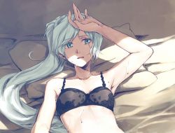 Rule 34 | 1girl, arm up, bed, black bra, blue eyes, bra, breasts, cleavage, commentary request, earrings, jewelry, pillow, ponytail, rwby, scar, scar across eye, scar on face, solo, sweat, tsuta no ha, underwear, weiss schnee, white hair