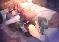 Rule 34 | 1girl, ass, bed, brown eyes, brown hair, hair ornament, hairclip, legs up, long hair, long sleeves, looking at viewer, looking back, lying, hugging object, on bed, on stomach, original, pillow, pillow hug, shirt, skirt, solo, ukyo rst, very long hair, vest