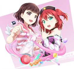 Rule 34 | 2girls, bare shoulders, black neckwear, brown hair, candy, character name, choker, detached sleeves, food, furihata ai, green eyes, hat, kurosawa ruby, lollipop, looking at viewer, love live!, love live! sunshine!!, multiple girls, open mouth, pencil, purple eyes, red hair, short hair, short twintails, surfing orange, twintails