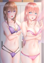 Rule 34 | 2girls, blue eyes, blush, bra, breast hold, breasts, brown hair, cleavage, collarbone, commentary request, highres, large breasts, lino (lilyparty07), locker, locker room, long hair, multiple girls, nail polish, navel, off shoulder, open mouth, original, panties, pink bra, pink panties, purple bra, purple eyes, purple panties, underwear, underwear only, unfastened, yuri