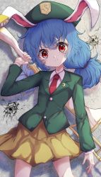 Rule 34 | 1girl, animal ears, blue hair, blush, buttons, closed mouth, crescent, crescent pin, green headwear, hair between eyes, highres, kayon (touzoku), long hair, long sleeves, necktie, rabbit ears, red eyes, red necktie, seiran (touhou), skirt, smile, solo, touhou, touhou lostword, yellow skirt