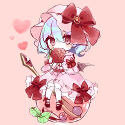 Rule 34 | 1girl, bat wings, blue hair, blueberry, bow, chibi, cup, eating, food, fruit, hat, hat bow, heart, highres, large bow, mary janes, medium hair, mob cap, mochimochi (kallmochi), oversized food, oversized object, pantyhose, petticoat, pink background, pink skirt, red bow, red eyes, remilia scarlet, shoes, sitting, skirt, skirt set, solo, spoon, strawberry, touhou, wings