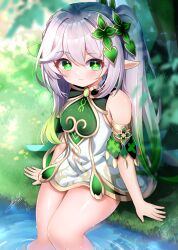Rule 34 | 1girl, absurdres, bare legs, blush, cape, closed mouth, commentary request, cross-shaped pupils, detached sleeves, dress, genshin impact, gold trim, gradient hair, green cape, green eyes, green hair, green sleeves, hair ornament, highres, leaf hair ornament, long hair, looking at viewer, multicolored hair, nahida (genshin impact), pointy ears, short dress, short sleeves, side ponytail, sidelocks, sitting, sleeveless, sleeveless dress, smile, soaking feet, solo, symbol-shaped pupils, takemura kou, thighs, water, wet, white dress, white hair