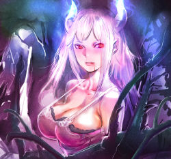 Rule 34 | 1girl, blood, bow (bhp), breasts, cleavage, horns, large breasts, long hair, original, pink hair, red eyes, solo, upper body