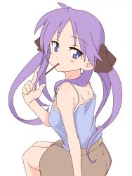 Rule 34 | 1girl, antenna hair, arm support, bare shoulders, black ribbon, blue camisole, bluearcadegames, blush, brown shorts, camisole, food, food in mouth, from side, hair ribbon, highres, hiiragi kagami, index finger raised, invisible chair, long hair, looking at viewer, lucky star, pocky, pocky in mouth, purple eyes, purple hair, ribbon, shorts, simple background, sitting, solo, twintails, white background