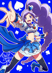 Rule 34 | 00s, 1girl, aono miki, blue background, blue footwear, blue skirt, blush, boots, choker, cure berry, drill hair, earrings, eyelashes, fresh precure!, frilled skirt, frills, hair ornament, hairband, happy, heart, heart hair ornament, high heels, jewelry, jumping, knee boots, long hair, looking at viewer, magical girl, midriff, navel, open mouth, ponytail, precure, purple eyes, purple hair, ribbon, shirono, shirt, side ponytail, skirt, smile, solo, thighhighs, thighs, translation request, wrist cuffs, zettai ryouiki