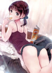 Rule 34 | 1girl, absurdres, ass, bare legs, bare shoulders, barefoot, black panties, blue eyes, breasts, brown hair, camisole, chips (food), dutch angle, eating, food, fujita hidetoshi, hair ornament, hair scrunchie, highres, indoors, lying, non-web source, on stomach, original, panties, potato chips, pringles, scan, scrunchie, short ponytail, skirt, small breasts, solo, sunlight, underwear, underwear only, unworn skirt