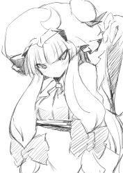 Rule 34 | 1girl, arm up, bow, coo (coonekocoo), female focus, greyscale, hair bow, hat, long hair, monochrome, patchouli knowledge, sketch, smile, solo, touhou, tsurime
