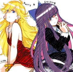 Rule 34 | 10s, 2girls, blonde hair, blue eyes, bow, bracelet, dress, earrings, hair bow, jewelry, long hair, multicolored hair, multiple girls, necklace, own hands clasped, own hands together, panty &amp; stocking with garterbelt, panty (psg), purple eyes, sketch, smile, stocking (psg), tagro, two-tone hair