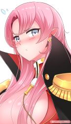 Rule 34 | 1girl, absurdres, azur lane, blue eyes, blush, breasts, cleavage, closed mouth, duke of york (azur lane), earrings, epaulettes, flying sweatdrops, frown, hair intakes, highres, jewelry, kandori, large breasts, long hair, looking at viewer, multiple earrings, pink hair, pointy ears, simple background, solo, straight hair, twitter username, upper body, white background