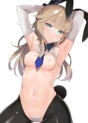 Rule 34 | 1girl, alternate costume, animal ears, armpits, arms up, black pantyhose, blue eyes, blue necktie, blunt bangs, breasts, brown hair, commentary request, crotchless, crotchless pantyhose, detached collar, elbow gloves, fake animal ears, gloves, kantai collection, leotard, long hair, looking at viewer, maebari, medium breasts, meme attire, navel, necktie, nipples, pantyhose, playboy bunny, rabbit ears, rabbit tail, ranger (kancolle), revealing clothes, reverse bunnysuit, reverse outfit, shin (new), short necktie, skindentation, smile, solo, stomach, tail, white background, white gloves, white pasties