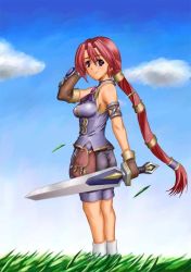Rule 34 | 1girl, ass, breasts, brown eyes, cloud, dark chronicle, day, grass, holding, holding sword, holding weapon, level-5, long hair, looking at viewer, looking back, monica (dark chronicle), monica raybrandt, multi-tied hair, red hair, sky, solo, sword, very long hair, weapon, wind