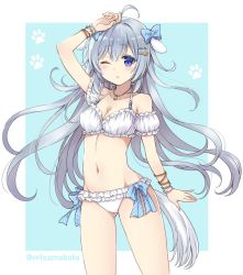 Rule 34 | 1girl, ;o, ahoge, animal ears, bikini, blue background, blue bow, blue ribbon, bow, bracelet, breasts, cleavage, commentary request, dog ears, dog tail, frilled bikini, frills, grey hair, groin, hair bow, hair ornament, hairclip, halterneck, hand on own head, jewelry, long hair, looking at viewer, navel, necklace, one eye closed, original, paw print, purple eyes, ribbon, sakurai makoto (custom size), shii-chan (sakurai makoto (custom size)), simple background, small breasts, solo, striped ribbon, swimsuit, tail, twitter username, very long hair, white bikini