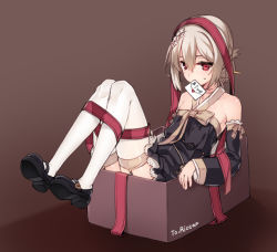 Rule 34 | 1boy, bad id, bad pixiv id, bare shoulders, black dress, black footwear, blush, bound, bound legs, box, choker, christine (kuro (kuronell)), detached sleeves, dress, entangled, envelope, eyelashes, flower, full body, garter straps, hair between eyes, hair bun, hair flower, hair ornament, hair ribbon, hair stick, halterneck, heart, in box, in container, knees together feet apart, knees up, lace, lace-trimmed dress, lace trim, leg ribbon, looking at viewer, male focus, miniskirt, mouth hold, original, red ribbon, restrained, ribbon, sash, shoes, short dress, silver hair, single hair bun, skirt, solo, sweatdrop, tama (tamatamo), thighhighs, trap, untied, white thighhighs