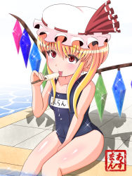 Rule 34 | 1girl, :p, asyuman, blonde hair, crystal, flandre scarlet, hat, highres, one-piece swimsuit, pool, popsicle, red eyes, school swimsuit, shadow, short hair, side ponytail, sitting, solo, swimsuit, tongue, tongue out, touhou, water, wings