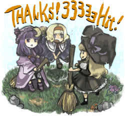 Rule 34 | 3girls, alice margatroid, apron, blonde hair, brooch, broom, broom riding, crescent, female focus, from behind, full body, hairband, hat, milestone celebration, jewelry, kirisame marisa, kureno akashi, long hair, looking at viewer, multiple girls, patchouli knowledge, purple eyes, purple hair, standing, thank you, touhou, very long hair, waist apron, witch hat