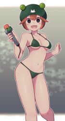 Rule 34 | 1girl, :d, alternate costume, bikini, black eyes, blush stickers, breasts, brown hair, commentary, frog, frog hat, hat, highres, holding, holding microphone, lamb-oic029, looking at viewer, medium breasts, mega man (series), mega man battle network, mega man battle network (series), microphone, o-ring, o-ring bikini, o-ring bottom, open mouth, pinky out, ribitta (mega man), shiny skin, short hair, smile, solid oval eyes, standing, swimsuit, thighs