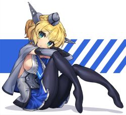 Rule 34 | 1girl, black gloves, black pantyhose, blonde hair, blue eyes, blue necktie, braid, breasts, capelet, colorado (kancolle), commentary request, dress, elbow gloves, garrison cap, gloves, grey dress, grey hat, hat, head tilt, headgear, itsumo nokoru, kantai collection, large breasts, looking at viewer, necktie, pantyhose, pleated dress, shirt, short hair, side braids, sideboob, sleeveless, solo, two-tone background, white background, white shirt