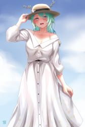 Rule 34 | 1girl, :d, antlers, bare shoulders, belt, blush, breasts, ceres fauna, cleavage, dress, earrings, finalcake, flower, green hair, hair flower, hair ornament, hat, highres, hololive, hololive english, horns, jewelry, large breasts, long hair, looking at viewer, mole, mole under eye, open mouth, smile, solo, sundress, teeth, virtual youtuber, white dress, yellow eyes
