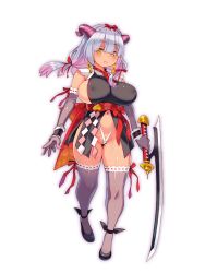 Rule 34 | 1girl, black footwear, breasts, covered erect nipples, curvy, dairoku ryouhei, elbow gloves, expressionless, full body, gloves, headdress, holding, holding sword, holding weapon, horns, large breasts, long hair, multicolored hair, navel, official art, outer glow, photoshop (medium), pink hair, ribbon-trimmed gloves, ribbon-trimmed legwear, ribbon trim, ryoji (nomura ryouji), sideboob, silver hair, solo, strappy heels, sword, thighhighs, transparent background, two-tone hair, weapon, wrist cuffs, yellow eyes