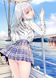 Rule 34 | 1girl, blue skirt, blue sky, cloud, commentary request, dated, day, from behind, grey hair, hand on railing, hand up, highres, holding, holding phone, kobayashi chisato, light blush, long hair, mountainous horizon, ocean, open mouth, original, outdoors, panties, pantyshot, phone, plaid, plaid skirt, pleated skirt, school uniform, shirt, shirt tucked in, signature, skirt, sky, solo, standing, torii, underwear, water, white panties, white shirt, wind, wind lift, yellow eyes