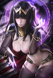 Rule 34 | 1girl, black hair, bodysuit, bracelet, breasts, bridal gauntlets, circlet, fire emblem, fire emblem awakening, gradient background, highres, jewelry, long hair, magic, nintendo, nipples, pussy, realistic, sakimichan, solo, tharja (fire emblem), torn clothes, two side up, uncensored, watermark