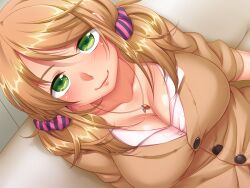 Rule 34 | 1girl, arms at sides, breasts, brown hair, cleavage, couch, dutch angle, game cg, green eyes, gyaru, hair between eyes, higuchi nao, indoors, jewelry, large breasts, lips, necklace, non-web source, saimin counselor, school uniform, scrunchie, sitting, smile, solo, swept bangs, twintails, un tabetarou
