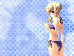 Rule 34 | 00s, 1girl, artoria pendragon (all), artoria pendragon (fate), ass, back, bikini, blonde hair, cowboy shot, fate/stay night, fate (series), female focus, food, from side, green eyes, hair up, highres, looking at viewer, looking to the side, popsicle, purple bikini, saber (fate), shingo (missing link), side-tie bikini bottom, solo, swimsuit, wallpaper