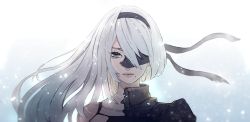 Rule 34 | 1girl, android, armor, asymmetrical hair, black hairband, blindfold, blindfold slip, dual persona, edamamebig, gradient background, grey eyes, hairband, joints, long hair, mole, mole under mouth, nier (series), nier:automata, robot joints, simple background, solo, split, white hair, a2 (nier:automata)