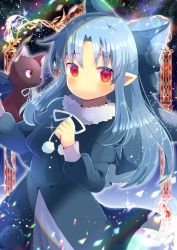 Rule 34 | 1girl, animal, black capelet, black cat, black dress, blue bow, blue hair, blush, bow, capelet, cat, closed mouth, commentary request, dress, fur-trimmed capelet, fur trim, hair bow, hands up, kou hiyoyo, len (tsukihime), long hair, long sleeves, looking at viewer, parted bangs, pointy ears, puffy long sleeves, puffy sleeves, red eyes, tsukihime, very long hair