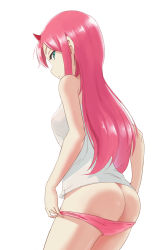 Rule 34 | 10s, 1girl, arms at sides, ass, back, bare arms, bare shoulders, breasts, closed mouth, covered erect nipples, cowboy shot, darling in the franxx, from behind, gan-viking, green eyes, highres, holding, holding clothes, holding panties, holding underwear, horns, legs together, long hair, looking at viewer, looking back, panties, panty pull, pink hair, pink panties, pulling own clothes, see-through, shirt, sidelocks, sideways glance, simple background, sleeveless, sleeveless shirt, small breasts, solo, standing, straight hair, underwear, undressing, white background, white shirt, zero two (darling in the franxx)