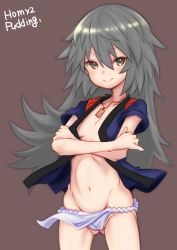 Rule 34 | 1girl, artist name, crossed arms, fundoshi, green eyes, grey hair, hair between eyes, highres, japanese clothes, jewelry, long hair, looking at viewer, navel, necklace, open clothes, puddinghomhom, purple background, simple background, smile, solo