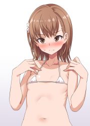 Rule 34 | 1girl, absurdres, bare arms, bare shoulders, bikini, blush, breasts, brown eyes, brown hair, closed mouth, collarbone, commentary request, flower, gradient background, grey background, hair flower, hair ornament, hands up, harigane shinshi, highres, looking at viewer, micro bikini, misaka mikoto, navel, nose blush, small breasts, solo, sweat, swimsuit, toaru kagaku no railgun, toaru majutsu no index, upper body, white background, white bikini, white flower