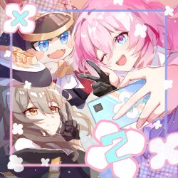 Rule 34 | 1other, 2girls, black gloves, blue eyes, blush stickers, cellphone, chinese commentary, closed mouth, commentary request, gloves, grey hair, highres, holding, holding phone, honkai: star rail, honkai (series), march 7th (honkai: star rail), multiple girls, nanguagua438, one eye closed, open mouth, partially fingerless gloves, phone, pink eyes, pom-pom (honkai: star rail), selfie, single glove, smartphone, smile, stelle (honkai: star rail), taking picture, teeth, trailblazer (honkai: star rail), two-tone eyes, upper teeth only, v, yellow eyes
