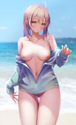 Rule 34 | 1girl, absurdres, ahoge, beach, blue jacket, blue sky, bottomless, breasts, breasts apart, breasts out, brown eyes, brown hair, cloud, collarbone, commentary request, day, female pubic hair, highres, hololive, hololive english, horizon, jacket, kon (07263545), large breasts, looking at viewer, multicolored hair, naked jacket, nanashi mumei, navel, nipples, ocean, off shoulder, outdoors, partially unzipped, pubic hair, sidelocks, sky, solo, streaked hair, thigh gap, virtual youtuber