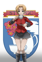 Rule 34 | 1girl, black footwear, black skirt, blue eyes, boots, braid, closed mouth, cup, emblem, epaulettes, girls und panzer, highres, holding, holding cup, holding saucer, jacket, knee boots, long sleeves, looking at viewer, military, military uniform, miniskirt, orange hair, orange pekoe (girls und panzer), parted bangs, pleated skirt, red jacket, saitou gabio, saucer, short hair, skirt, smile, solo, st. gloriana&#039;s (emblem), st. gloriana&#039;s military uniform, standing, steam, teacup, thigh gap, twin braids, uniform