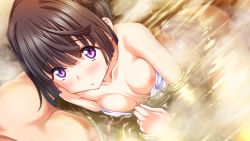 Rule 34 | 1girl, black hair, blush, breasts, clothes pull, collarbone, embarrassed, game cg, himegoto union, himegoto union motto h, kawahara makoto, legs, looking up, miyoshino koharu, nipples, nude, one-piece swimsuit pull, onsen, partially submerged, purple eyes, sitting, small breasts, steam, takeya masami, thighs, towel, water, wet