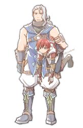 Rule 34 | 2boys, adol christin, alternate size, boots, brown gloves, carrying, carrying person, commentary request, cross-laced footwear, duren (ys), full body, gloves, grey eyes, hair between eyes, highres, long hair, male focus, mature male, mishiro (andante), multiple boys, open mouth, red hair, simple background, size difference, standing, white background, white hair, ys, ys memories of celceta