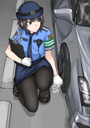 1girl absurdres armband black_footwear black_thighhighs blue_necktie blue_shirt blue_skirt breast_pocket brown_eyes brown_hair car chalk commentary_request from_above fuku_(fuku12290574) gloves green_armband hat highres holding holding_chalk japan_national_police looking_to_the_side mole mole_under_eye motor_vehicle necktie nissan nissan_gt-r original pencil_skirt pocket police police_hat police_uniform policewoman road shirt short_hair short_sleeves skirt squatting striped_armband striped_clothes thighhighs v-shaped_eyebrows walkie-talkie white_armband white_gloves writing