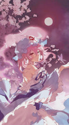 Rule 34 | 1girl, absurdres, bare shoulders, blue hat, blue kimono, blue ribbon, blush, bug, butterfly, cherry blossoms, closed mouth, commentary, floating hair, frilled kimono, frilled sleeves, frills, from side, full moon, ghost, hair between eyes, hand up, hat, highres, insect, japanese clothes, kiduki, kimono, looking at viewer, looking to the side, medium hair, mob cap, moon, obi, off shoulder, pink butterfly, pink eyes, pink hair, ribbon, saigyouji yuyuko, sash, smile, solo, touhou, triangular headpiece, wide sleeves
